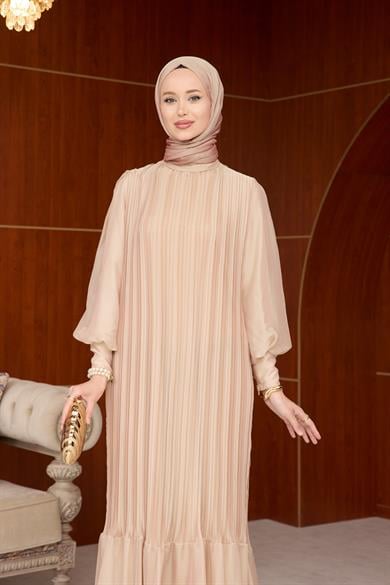 Pileli Balon Kol Abiye - Bej