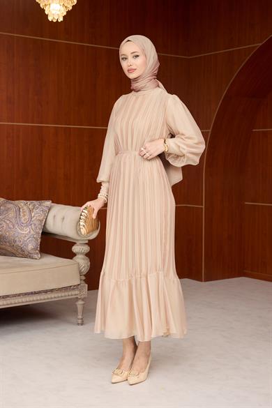 Pileli Balon Kol Abiye - Bej