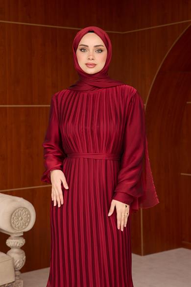 Pleated Balloon Sleeve Evening Dress - Claret Red