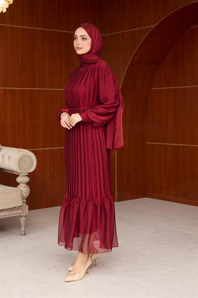 Pleated Balloon Sleeve Evening Dress - Claret Red
