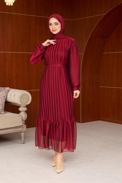 Pleated Balloon Sleeve Evening Dress - Claret Red