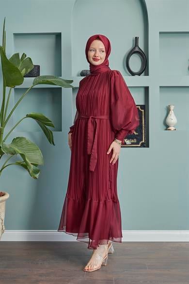 Pleated Balloon Sleeve Evening Dress - Claret Red