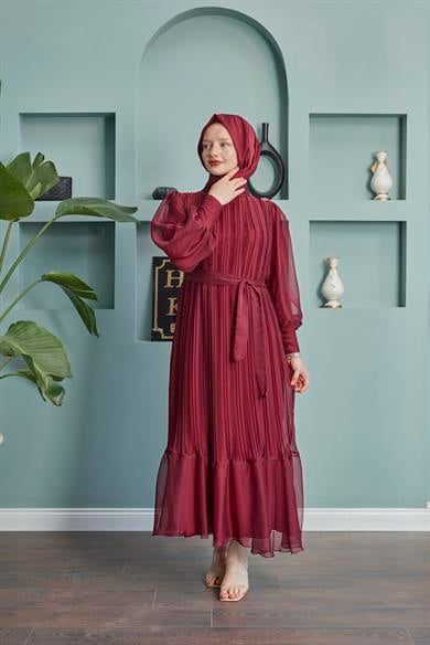 Pleated Balloon Sleeve Evening Dress - Claret Red