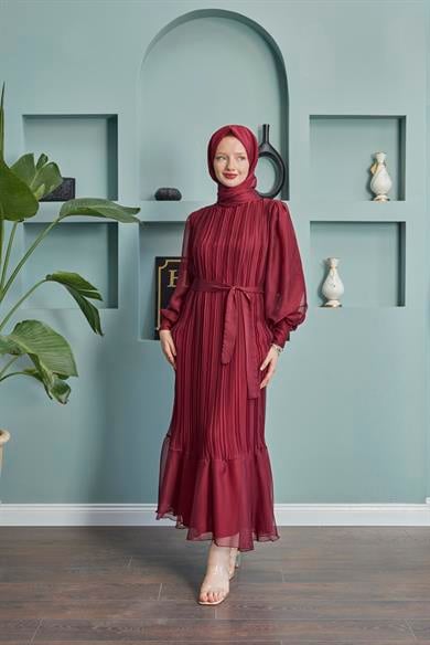 Pleated Balloon Sleeve Evening Dress - Claret Red