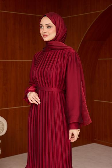 Pleated Balloon Sleeve Evening Dress - Claret Red
