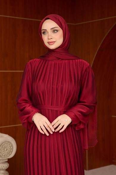 Pleated Balloon Sleeve Evening Dress - Claret Red