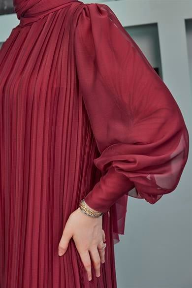 Pleated Balloon Sleeve Evening Dress - Claret Red