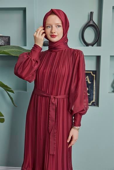 Pleated Balloon Sleeve Evening Dress - Claret Red