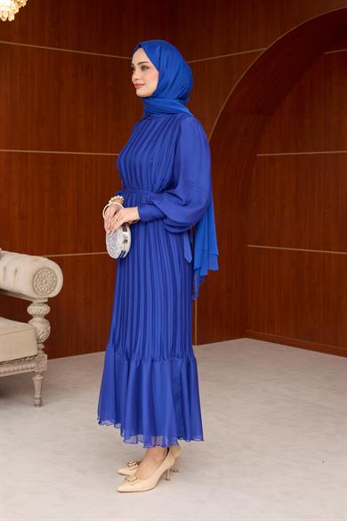 Pileli Balon Kol Abiye - Saks Mavi