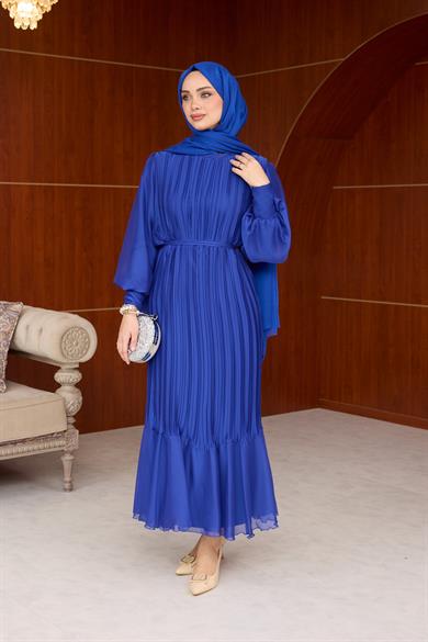 Pileli Balon Kol Abiye - Saks Mavi