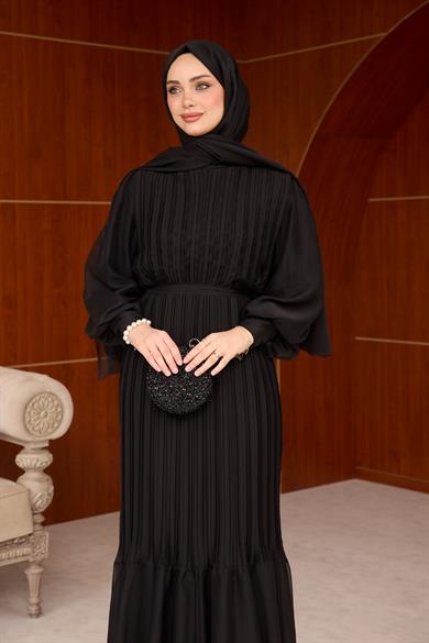 Pleated Balloon Sleeve Evening Dress - Black