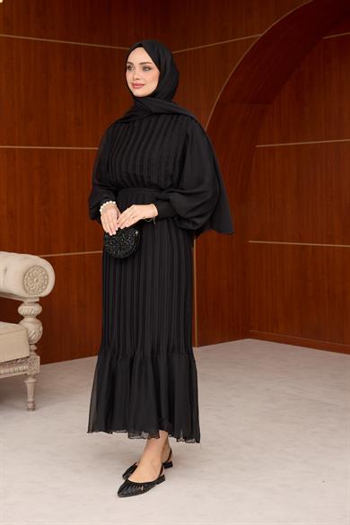 Pleated Balloon Sleeve Evening Dress - Black