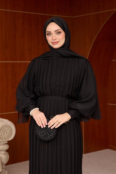 Pleated Balloon Sleeve Evening Dress - Black
