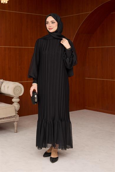 Pleated Balloon Sleeve Evening Dress - Black