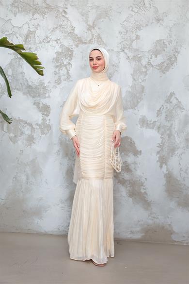 Piraye Işıltı Kumaş Abiye - Ekru