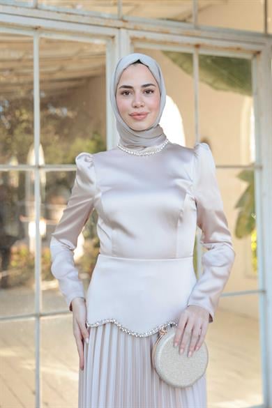 Plise Detay Saten Abiye - Bej