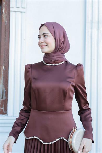 Plise Detay Saten Abiye - Kahverengi