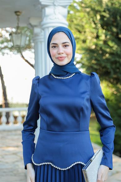 Plise Detay Saten Abiye - Lacivert