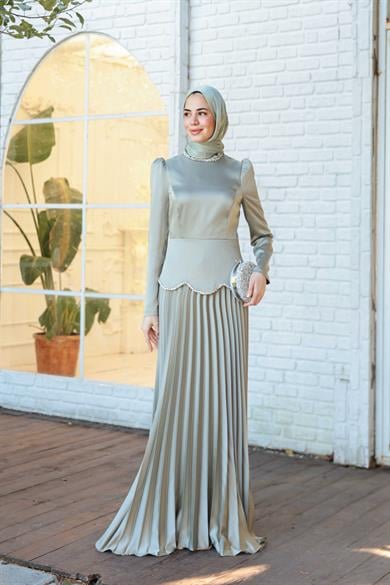 Plise Detay Saten Abiye - Mint Yeşil
