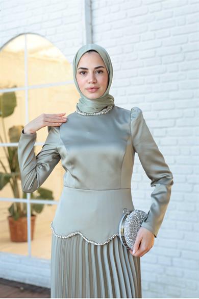 Plise Detay Saten Abiye - Mint Yeşil