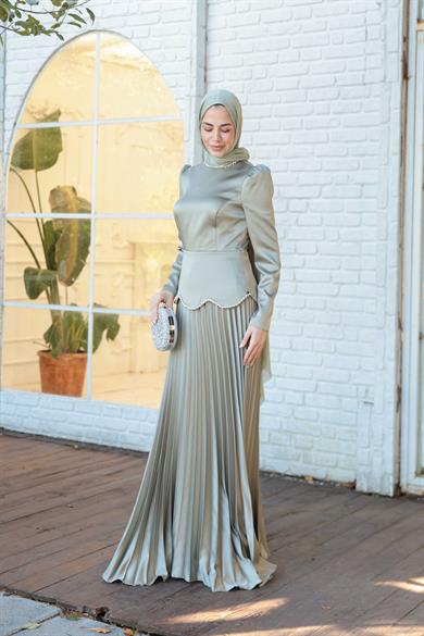 Plise Detay Saten Abiye - Mint Yeşil