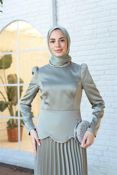 Plise Detay Saten Abiye - Mint Yeşil