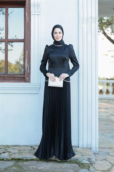 Plise Detay Saten Abiye - Siyah