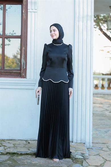 Plise Detay Saten Abiye - Siyah