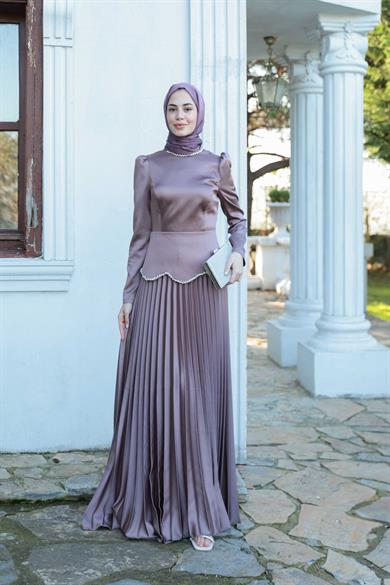 Plise Detay Saten Abiye - Vizon