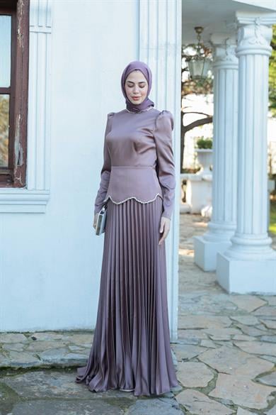 Plise Detay Saten Abiye - Vizon