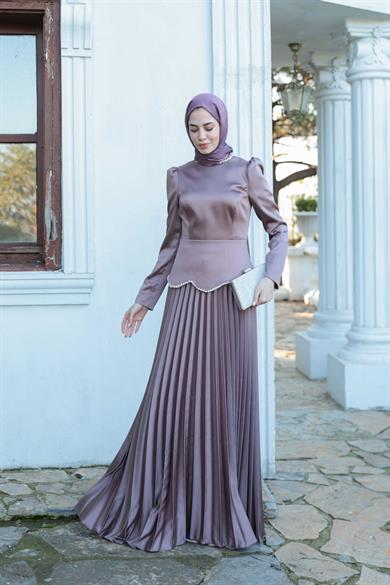 Plise Detay Saten Abiye - Vizon