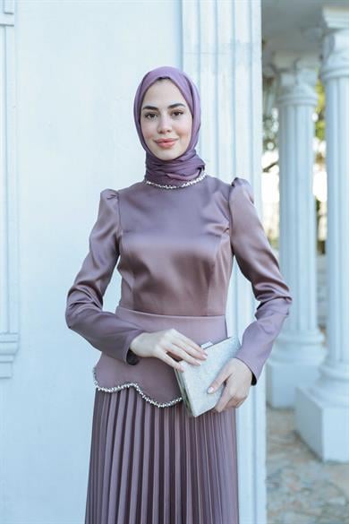 Plise Detay Saten Abiye - Vizon