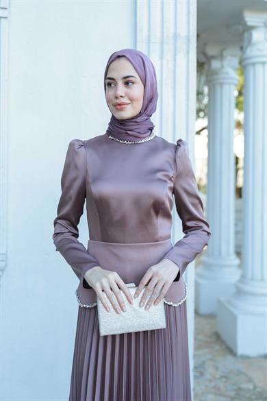 Plise Detay Saten Abiye - Vizon