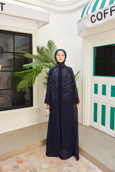 Prenses Taşlı İçlikli Abaya - Lacivert