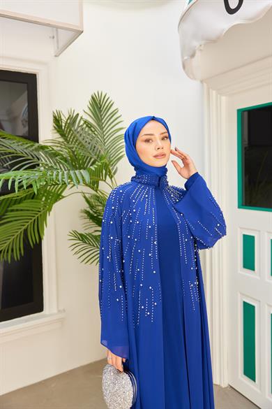 Prenses Taşlı İçlikli Abaya - Saks Mavi