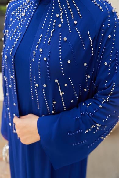 Prenses Taşlı İçlikli Abaya - Saks Mavi