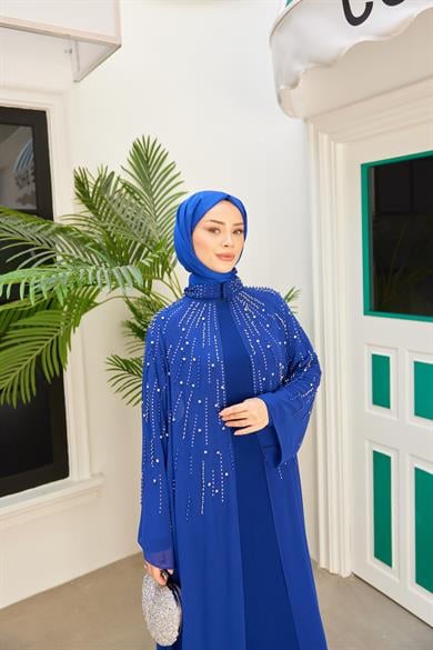 Prenses Taşlı İçlikli Abaya - Saks Mavi
