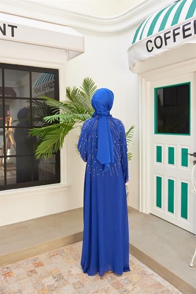 Prenses Taşlı İçlikli Abaya - Saks Mavi