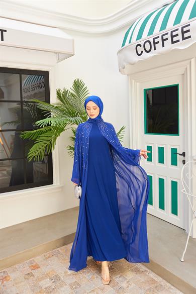 Prenses Taşlı İçlikli Abaya - Saks Mavi