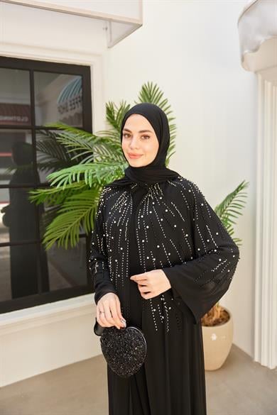 Prenses Taşlı İçlikli Abaya - Siyah