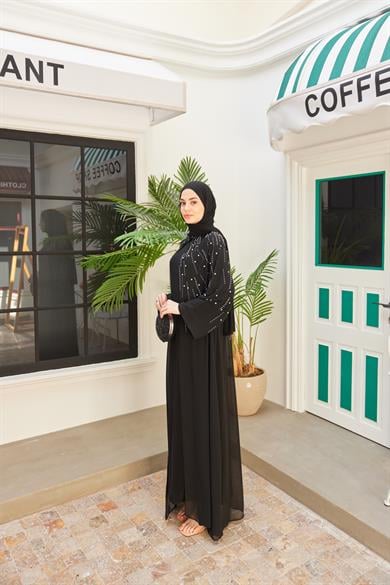 Prenses Taşlı İçlikli Abaya - Siyah