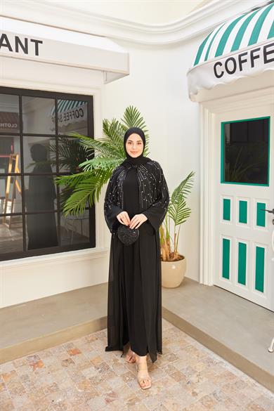Prenses Taşlı İçlikli Abaya - Siyah
