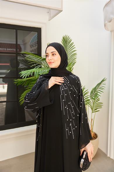 Prenses Taşlı İçlikli Abaya - Siyah