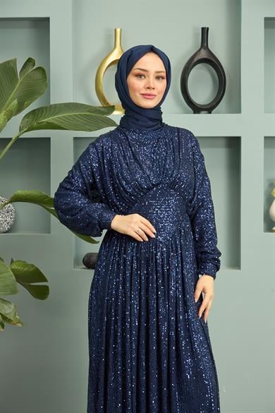 Sequin Sequin Evening Dress - Navy Blue