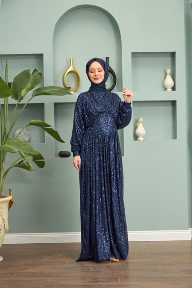 Sequin Sequin Evening Dress - Navy Blue