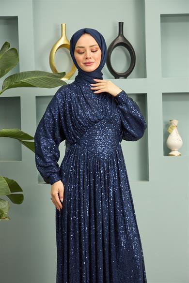 Sequin Sequin Evening Dress - Navy Blue
