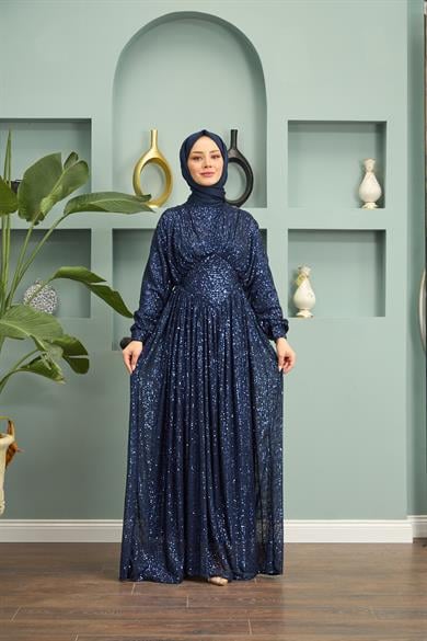 Sequin Sequin Evening Dress - Navy Blue