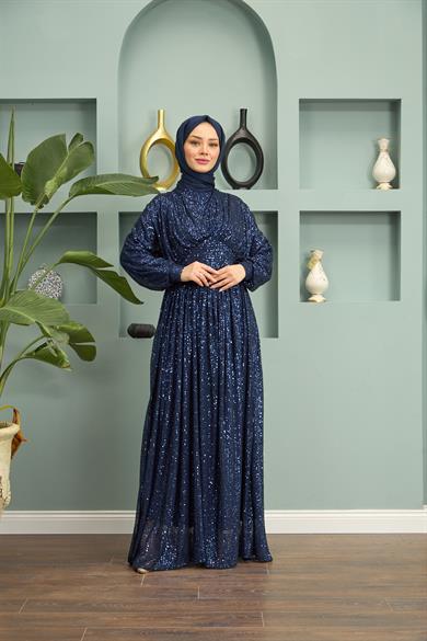 Sequin Sequin Evening Dress - Navy Blue