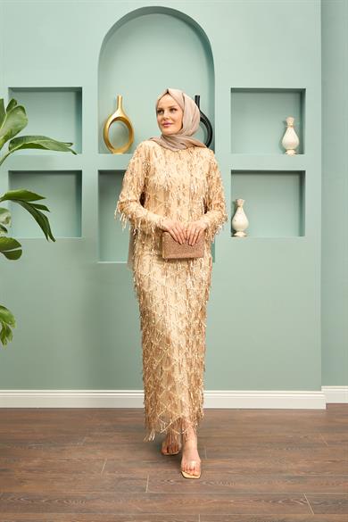 Rana Tasseled Evening Dress - Beige