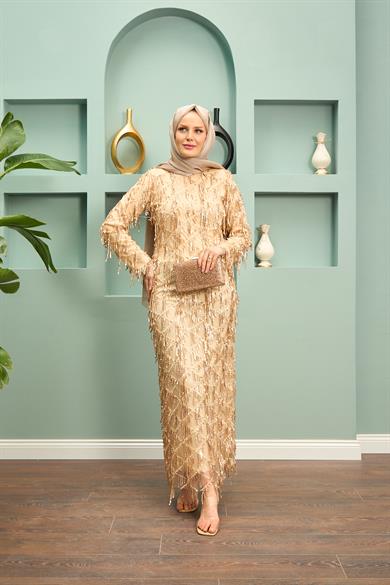 Rana Tasseled Evening Dress - Beige